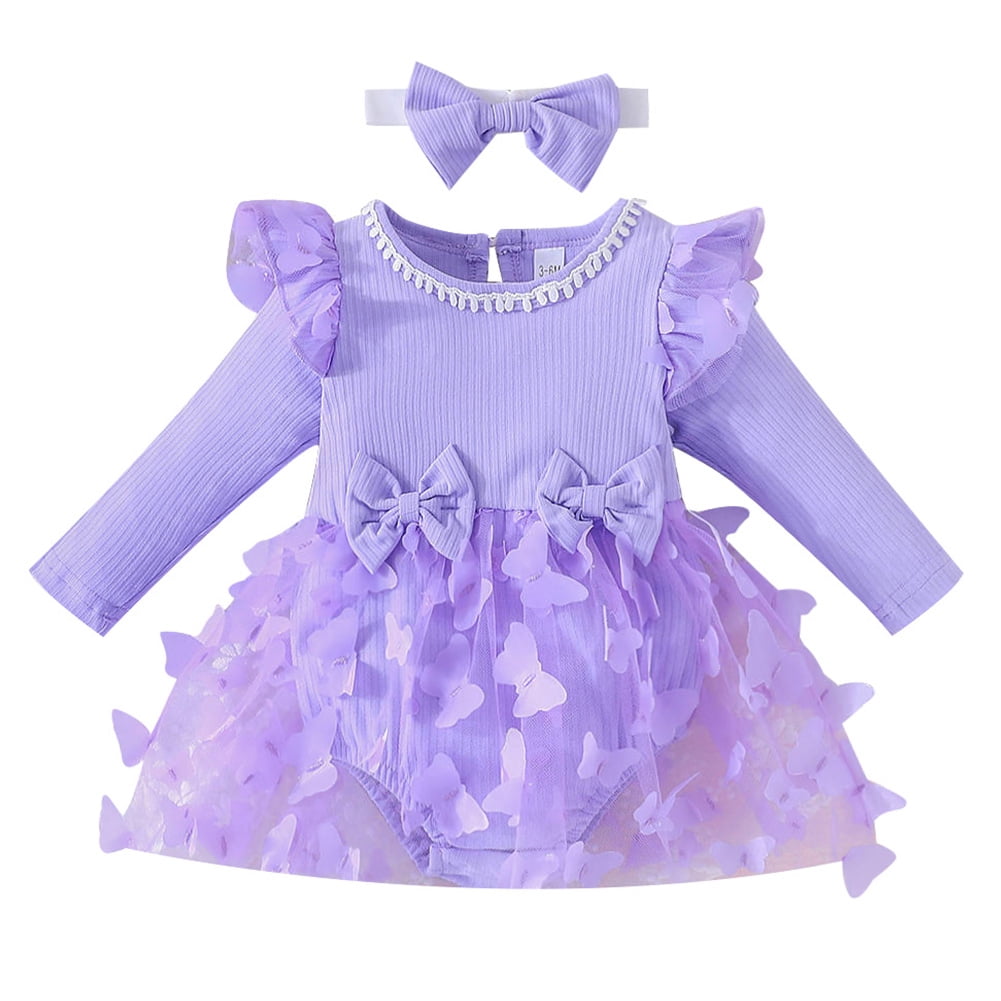 IBTOM CASTLE Newborn Baby Girls Butterfly Tutu Dress Long Sleeve Romper Tutu Skirt + Headband 2PCS Winter Fall Clothes 3-6 Months Purple