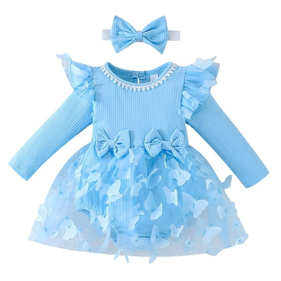 IBTOM CASTLE Newborn Baby Girls Butterfly Tutu Dress Long Sleeve Romper Tutu Skirt + Headband 2PCS Winter Fall Clothes 9-12 Months Blue