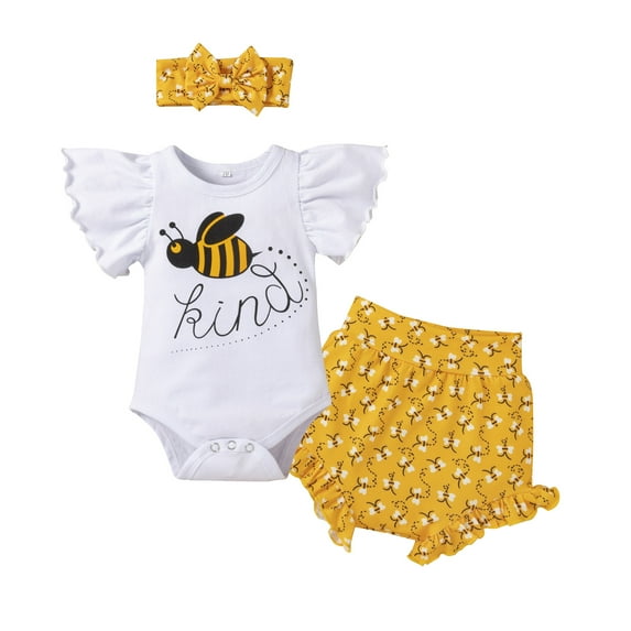 IBTOM CASTLE Newborn Baby Girls Casual Clothes Ruffles Sleeve Romper + Fruit Floral Bottoms Shorts + Headband 3PCS Summer Birthday Outfits 0-3 Months Bee