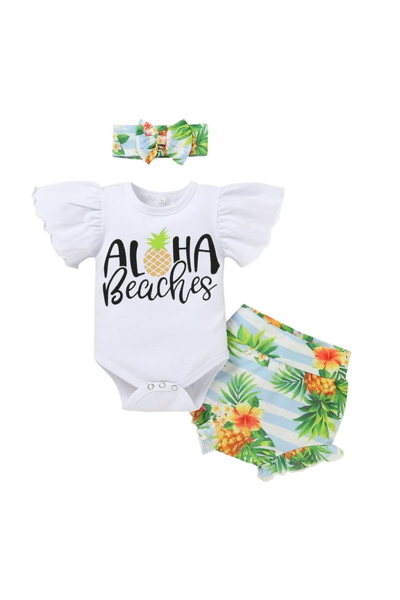 Newborn Baby Girls Casual Clothes Ruffles Sleeve Romper + Fruit Floral Bottoms Shorts + Headband 3PCS Summer Birthday Outfits 0-3 Months Pineapple