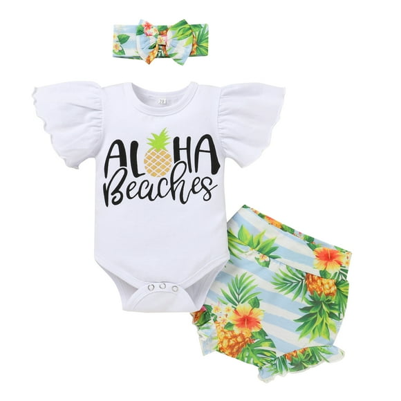 IBTOM CASTLE Newborn Baby Girls Casual Clothes Ruffles Sleeve Romper + Fruit Floral Bottoms Shorts + Headband 3PCS Summer Birthday Outfits 0-3 Months Pineapple
