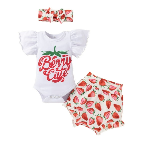 IBTOM CASTLE Newborn Baby Girls Casual Clothes Ruffles Sleeve Romper + Fruit Floral Bottoms Shorts + Headband 3PCS Summer Birthday Outfits 6-9 Months Strawberry