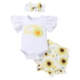 thumbnail image 1 of IBTOM CASTLE Newborn Baby Girls Casual Clothes Ruffles Sleeve Romper + Fruit Floral Bottoms Shorts + Headband 3PCS Summer Birthday Outfits 6-9 Months Sunflower, 1 of 8
