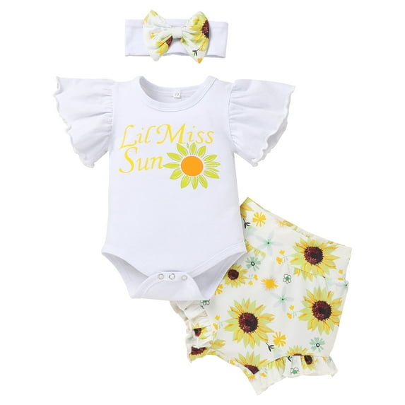 IBTOM CASTLE Newborn Baby Girls Casual Clothes Ruffles Sleeve Romper + Fruit Floral Bottoms Shorts + Headband 3PCS Summer Birthday Outfits 6-9 Months Sunflower