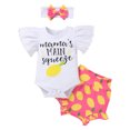 thumbnail image 1 of IBTOM CASTLE Newborn Baby Girls Casual Clothes Ruffles Sleeve Romper + Fruit Floral Bottoms Shorts + Headband 3PCS Summer Birthday Outfits 9-12 Months Lemon, 1 of 8