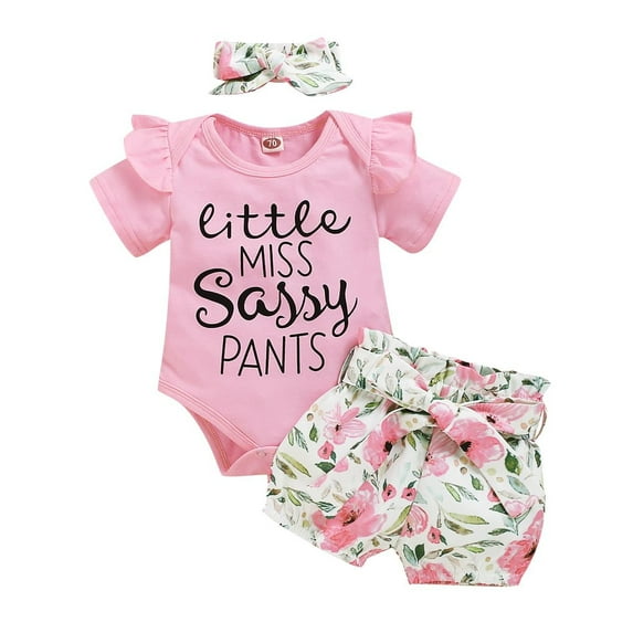 IBTOM CASTLE Newborn Baby Girls Coming Home Outfit Ruffle Romper Short Pants Headband Summer Clothes Set, 3-Piece 3-6 Months Pink