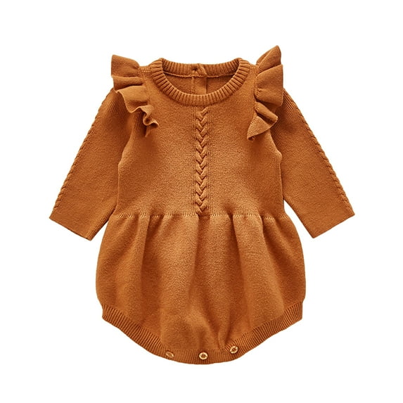 IBTOM CASTLE Newborn Infant Baby Girls Crochet Romper Knit Ruffles Long Sleeve Bodysuit Fall Winter Clothes for Photo Shoot 0-3 Months Brown