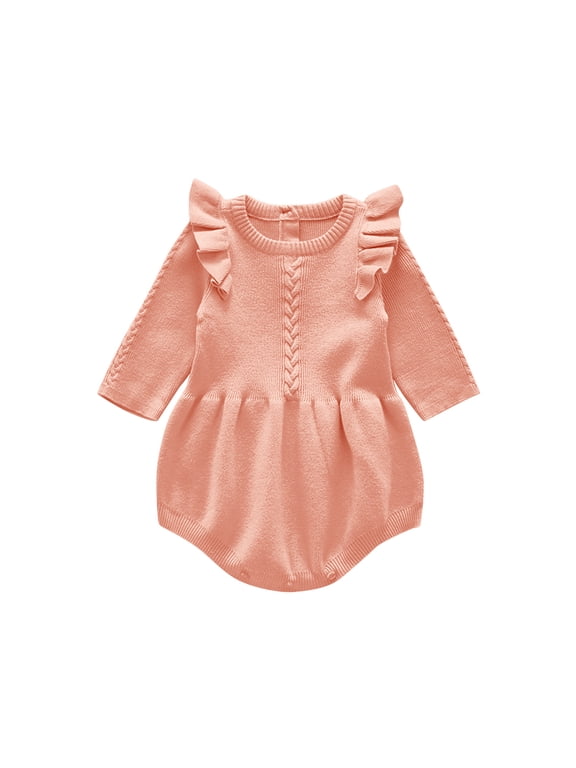 Newborn Infant Baby Girls Crochet Romper Knit Ruffles Long Sleeve Bodysuit Fall Winter Clothes for Photo Shoot 6-12 Months Pink