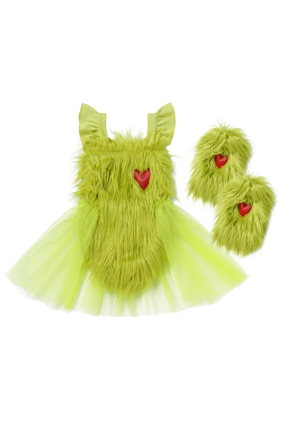 Newborn Infant Baby Girls Elk Christmas Costume Heart Faux Fur Tulle Tutu Romper Dress with Socks Fancy Dress up Carnival Party Outfit 0-6 Months Green - Heart