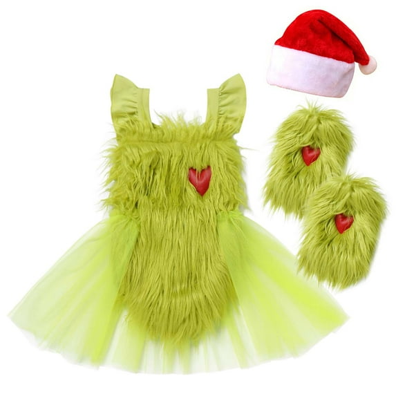 IBTOM CASTLE Newborn Infant Baby Girls Elk Christmas Costume Heart Faux Fur Tulle Tutu Romper Dress with Socks Fancy Dress up Carnival Party Outfit 18-24 Months Green - Heart & Hat
