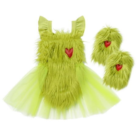 IBTOM CASTLE Newborn Infant Baby Girls Elk Christmas Costume Heart Faux Fur Tulle Tutu Romper Dress with Socks Fancy Dress up Carnival Party Outfit 6-12 Months Green - Heart