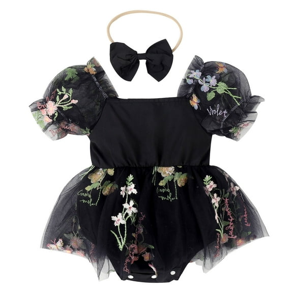 IBTOM CASTLE Newborn Toddler Baby Girls Fall Outfit Butterfly Romper Princess Dress with Headband 1st Birthday Cake Smash Clothes for Photo Shoot 0-3 Months Black Flower