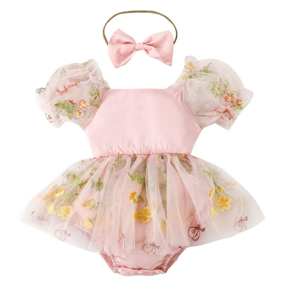 IBTOM CASTLE Newborn Toddler Baby Girls Fall Outfit Butterfly Romper Princess Dress with Headband 1st Birthday Cake Smash Clothes for Photo Shoot 0-3 Months Pink Flower