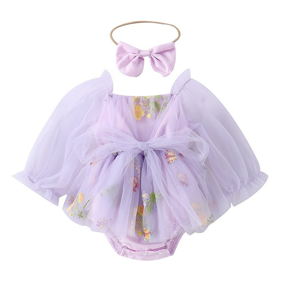 IBTOM CASTLE Newborn Toddler Baby Girls Fall Outfit Butterfly Romper Princess Dress with Headband 1st Birthday Cake Smash Clothes for Photo Shoot 12-18 Months Purple