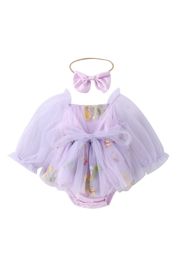 Newborn Toddler Baby Girls Fall Outfit Butterfly Romper Princess Dress with Headband 1st Birthday Cake Smash Clothes for Photo Shoot 12-18 Months Purple