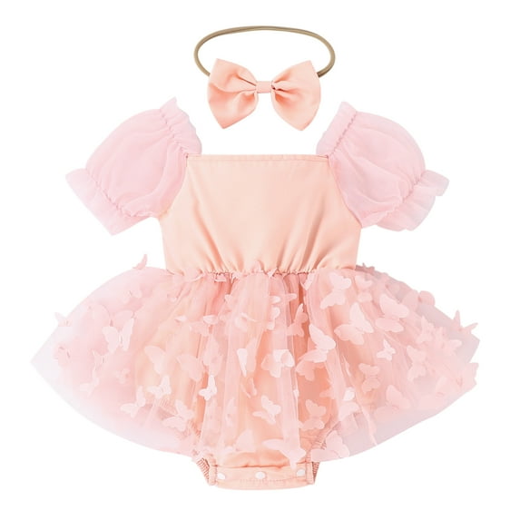 IBTOM CASTLE Newborn Toddler Baby Girls Fall Outfit Butterfly Romper Princess Dress with Headband 1st Birthday Cake Smash Clothes for Photo Shoot 12-18 Months Pink Butterfly