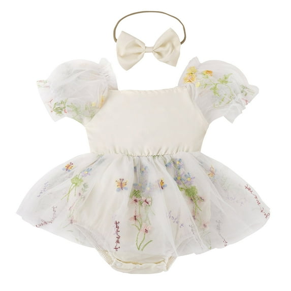 IBTOM CASTLE Newborn Toddler Baby Girls Fall Outfit Butterfly Romper Princess Dress with Headband 1st Birthday Cake Smash Clothes for Photo Shoot 3-6 Months Apricot Flower