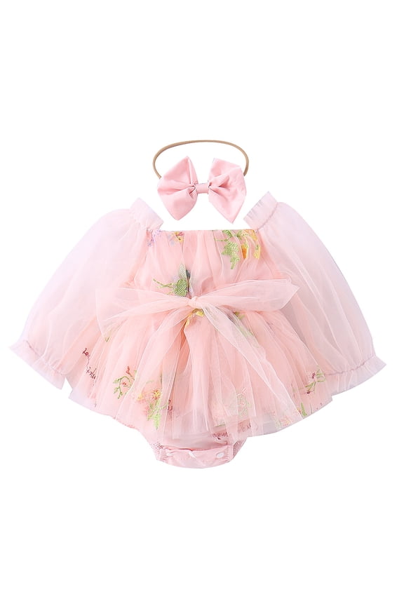 Newborn Toddler Baby Girls Fall Outfit Butterfly Romper Princess Dress with Headband 1st Birthday Cake Smash Clothes for Photo Shoot 3-6 Months Pink