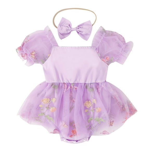 IBTOM CASTLE Newborn Toddler Baby Girls Fall Outfit Butterfly Romper Princess Dress with Headband 1st Birthday Cake Smash Clothes for Photo Shoot 6-12 Months Purple Flower