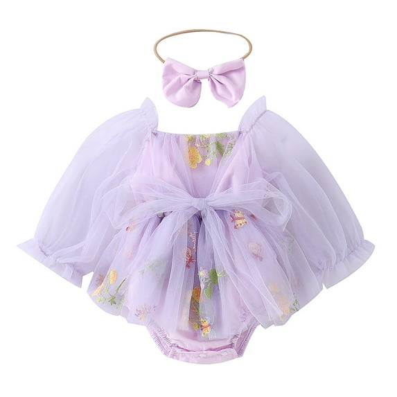IBTOM CASTLE Newborn Toddler Baby Girls Fall Outfit Butterfly Romper Princess Dress with Headband 1st Birthday Cake Smash Clothes for Photo Shoot 6-12 Months Purple