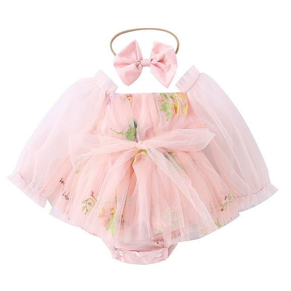 IBTOM CASTLE Newborn Toddler Baby Girls Fall Outfit Butterfly Romper Princess Dress with Headband 1st Birthday Cake Smash Clothes for Photo Shoot 6-12 Months Pink