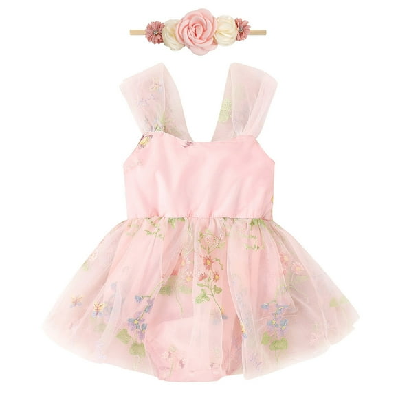 IBTOM CASTLE Newborn Toddler Baby Girls Fall Outfit Butterfly Romper Princess Dress with Headband 1st Birthday Cake Smash Clothes for Photo Shoot 9-12 Months Pink Floral