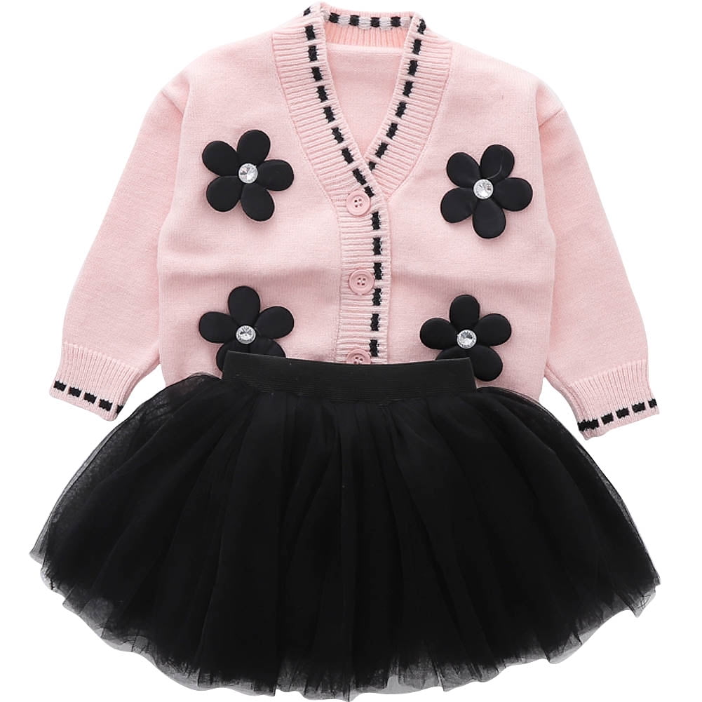2pcs Baby Pink Bowknot Ruffle Long-sleeve Knitted Sweater and Pleated Skirt Set