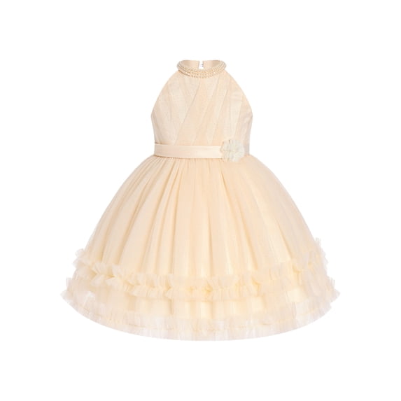 IBTOM CASTLE Pageant Dresses for Toddler Girls Halter Glitters Tulle Dress Princess Formal Birthday Party Wedding Flower Girl Dress Beige