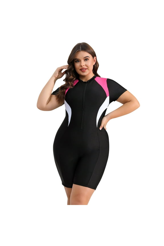 Plus Size One Piece Swimsuit for Women Tummy Control Bathing Suit Sun Protection UPF 50+ Rash Guard Surfing Swimwear 2XL Black + Pink