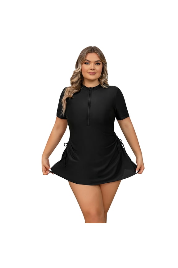 Plus Size One Piece Swimsuit for Women Tummy Control Bathing Suit Sun Protection UPF 50+ Rash Guard Surfing Swimwear 3XL Black Dress