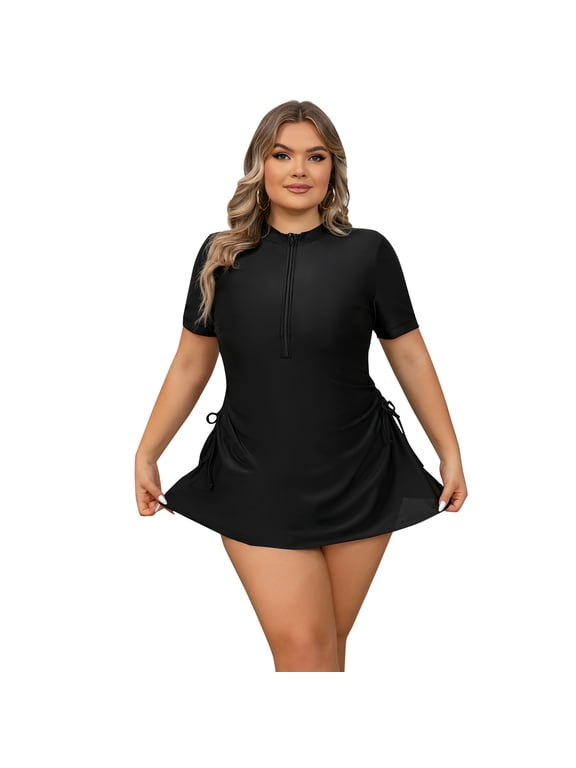 Plus Size One Piece Swimsuit for Women Tummy Control Bathing Suit Sun Protection UPF 50+ Rash Guard Surfing Swimwear 4XL Black Dress