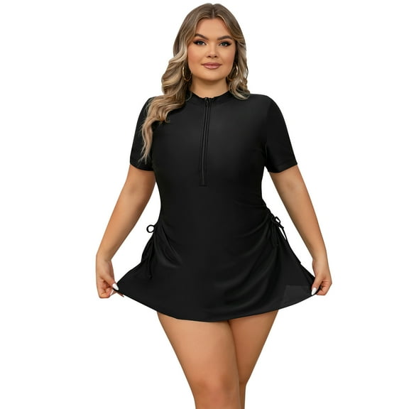 IBTOM CASTLE Plus Size One Piece Swimsuit for Women Tummy Control Bathing Suit Sun Protection UPF 50  Rash Guard Surfing Swimwear L Black Dress
