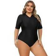 IBTOM CASTLE Plus Size One Piece Swimsuit for Women Tummy Control Bathing Suit Sun Protection UPF 50+ Rash Guard Surfing Swimwear XL Black Bodysuit