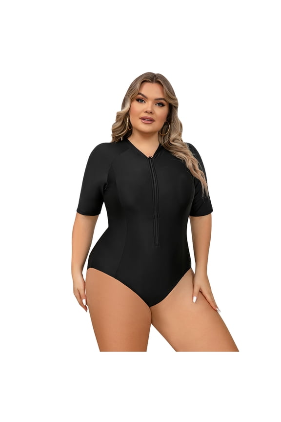 Plus Size One Piece Swimsuit for Women Tummy Control Bathing Suit Sun Protection UPF 50+ Rash Guard Surfing Swimwear XL Black Bodysuit
