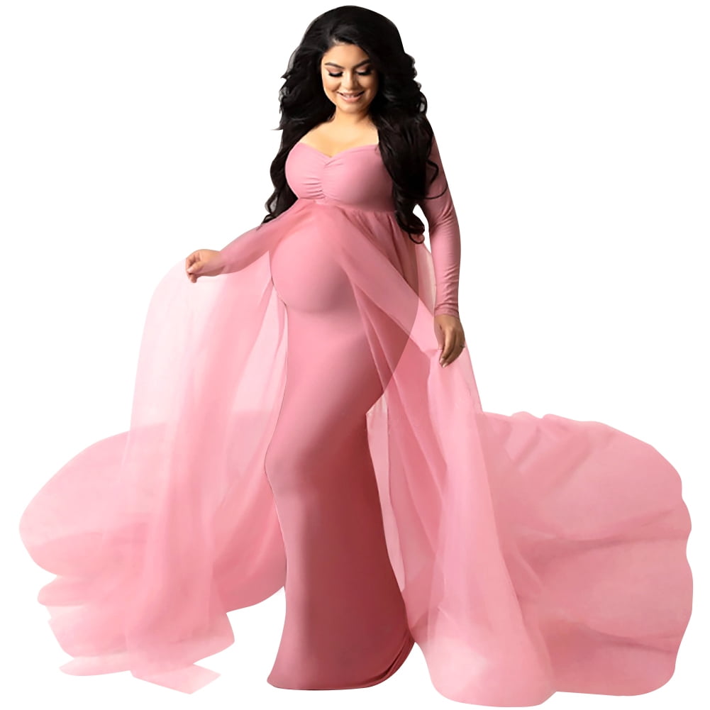 Ibtom Castle Pregnant Women Elegant Maternity Off Shoulders Half Circle Mermaid Chiffon Fitted Gown Slim Maxi Photography Dress L Pink