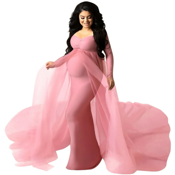 IBTOM CASTLE Pregnant Women Elegant Maternity Off Shoulders Half Circle Mermaid Chiffon Fitted Gown Slim Maxi Photography Dress L Pink