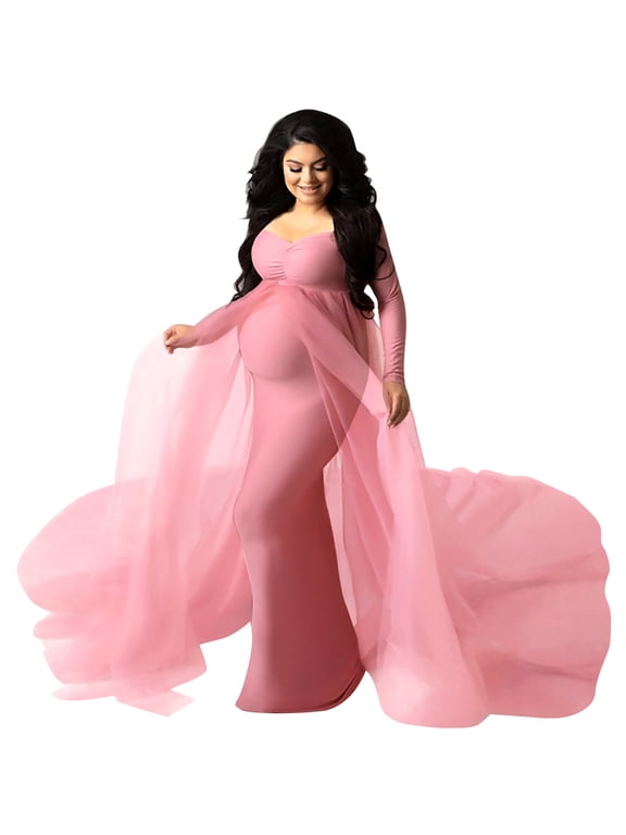 Pregnant Women Elegant Maternity Off Shoulders Half Circle Mermaid Chiffon Fitted Gown Slim Maxi Photography Dress L Pink