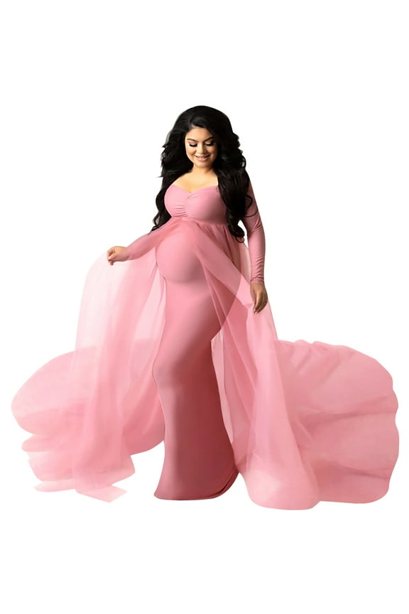 Pregnant Women Elegant Maternity Off Shoulders Half Circle Mermaid Chiffon Fitted Gown Slim Maxi Photography Dress M Pink