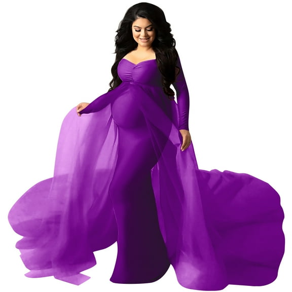 IBTOM CASTLE Pregnant Women Elegant Maternity Off Shoulders Half Circle Mermaid Chiffon Fitted Gown Slim Maxi Photography Dress M Purple