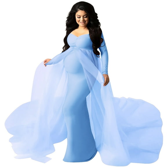 IBTOM CASTLE Pregnant Women Elegant Maternity Off Shoulders Half Circle Mermaid Chiffon Fitted Gown Slim Maxi Photography Dress M Sky Blue