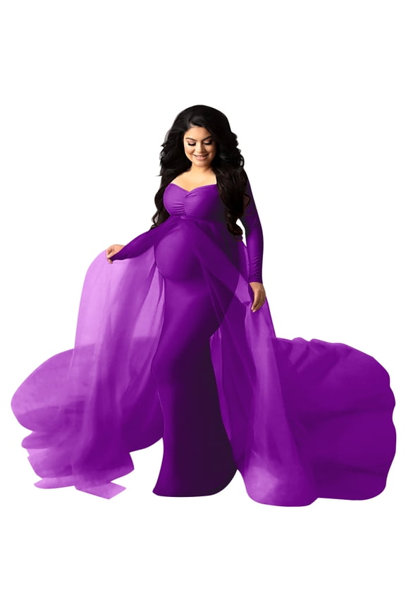 Pregnant Women Elegant Maternity Off Shoulders Half Circle Mermaid Chiffon Fitted Gown Slim Maxi Photography Dress XXL Purple