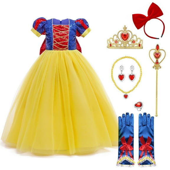 IBTOM CASTLE Princess Costume for Girls Kids Halloween Cosplay Birthday Party Dress up with Accessories, 9 Pieces 4-5 Years Yellow Sequin