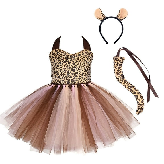 IBTOM CASTLE Prinecss Jungle Animal Costume for Girls Giraffe Tiger Tutu Birthday Christmas Halloween Dress up Outfits with Headband Tails 11-12 Years Brown Leopard