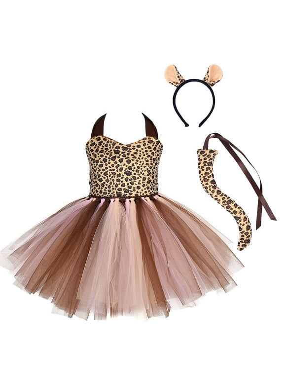 Prinecss Jungle Animal Costume for Girls Giraffe Tiger Tutu Birthday Christmas Halloween Dress up Outfits with Headband Tails 7-8 Years Brown Leopard