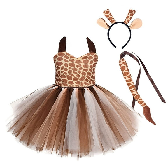 IBTOM CASTLE Prinecss Jungle Animal Costume for Girls Giraffe Tiger Tutu Birthday Christmas Halloween Dress up Outfits with Headband Tails 7-8 Years Giraffe