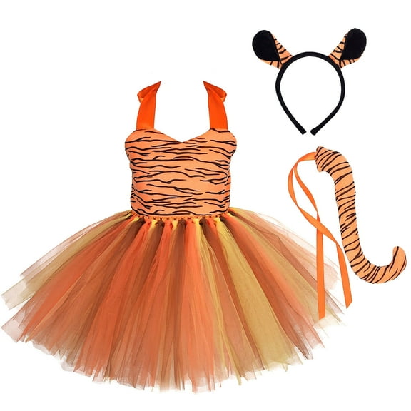 IBTOM CASTLE Prinecss Jungle Animal Costume for Girls Giraffe Tiger Tutu Birthday Christmas Halloween Dress up Outfits with Headband Tails 7-8 Years Tiger