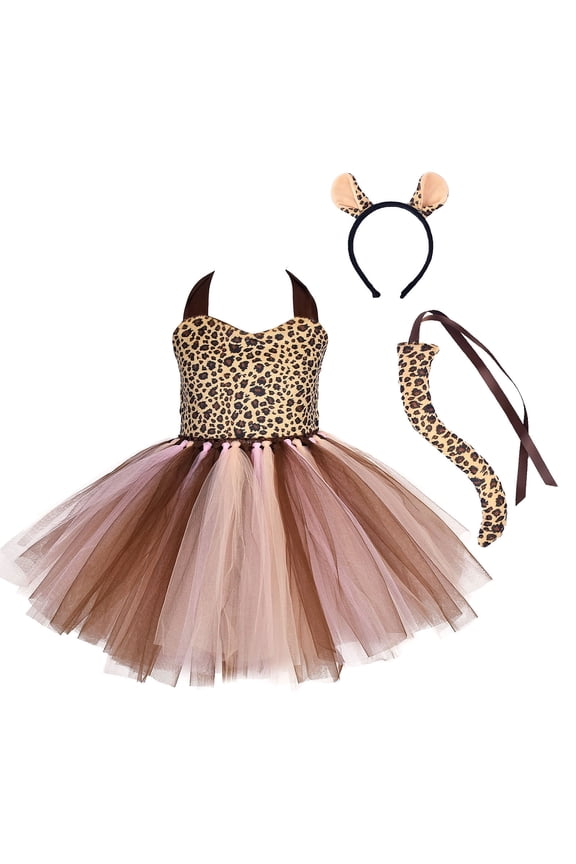 Prinecss Jungle Animal Costume for Girls Giraffe Tiger Tutu Birthday Christmas Halloween Dress up Outfits with Headband Tails 9-10 Years Brown Leopard