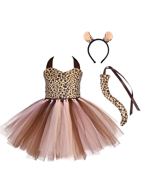 Prinecss Jungle Animal Costume for Girls Giraffe Tiger Tutu Birthday Christmas Halloween Dress up Outfits with Headband Tails 9-10 Years Brown Leopard