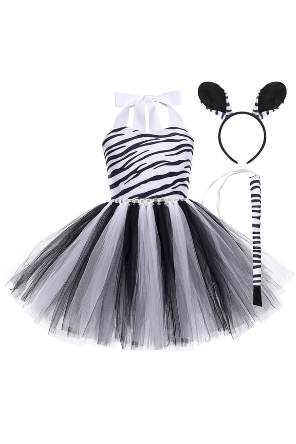 Prinecss Jungle Animal Costume for Girls Giraffe Tiger Tutu Birthday Christmas Halloween Dress up Outfits with Headband Tails 9-10 Years Zebra
