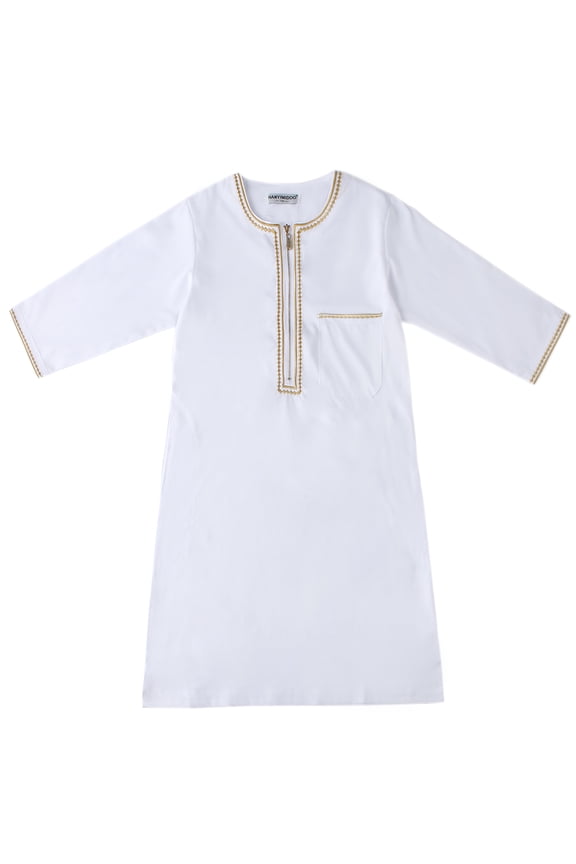 Robe for Boys Muslim Long Sleeve Thobe Abaya Saudi Arab Kaftan Islamic Zipper Arabic Dubai Dress with Pockets 11-12 Years White